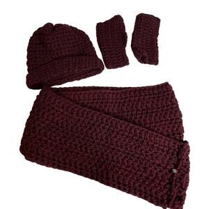 MADE WITH LOVE Maroon Knit Scarf Hat Fingerless Mittens Red Burgundy Winter Warm